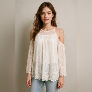 RAIN Ivory Lace Crochet Tunic Blouse Women’s L | Sheer Angelcore Boho Prairie